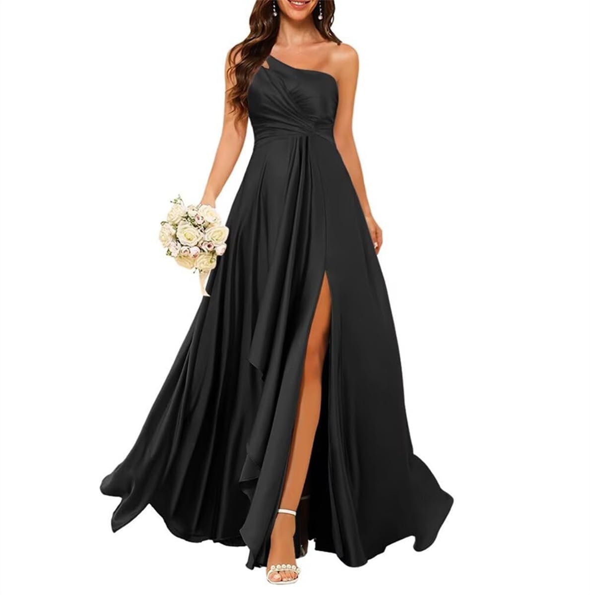 Wseyu Women's Black Satin Casual Wedding Dresses Corset Costume Party Dresses Ruffles Formal Evening Prom Gowns Uk18