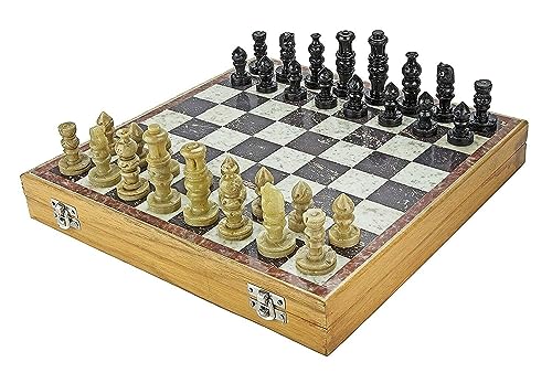 Jeu d'échecs fait main bois marbre 20,3 cm echiquier artisanat