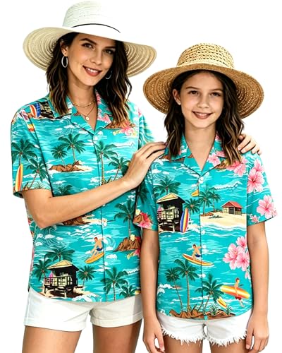 Image of SANGTREE Girls & Women's Hawaiian Shirts Button Down Short Sleeve Floral Tropical Shirt Beach Vacation Blouse Tops