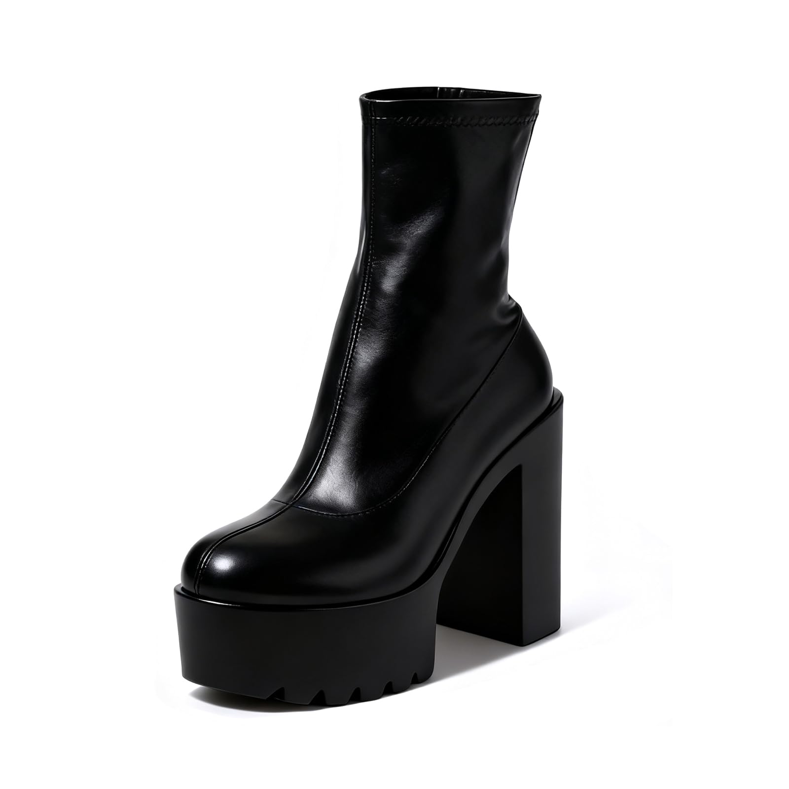 Womens Leather Platform Block Heel Ankle Boots with Side Zipper Fashion Comfortable Round Toe Chunky High Heel Motorcycle