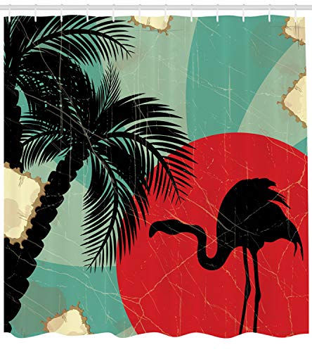ABAKUHAUS Tropical Shower Curtain, Retro Style Grunge Hawaiian Composition with Flamingo Silhouette and Palm Trees - Image 2