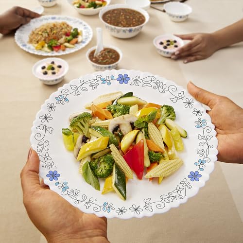 Image of Larah by Borosil Silk Series Blue Iris Opalware Dinner Set | 27 Pieces for Family of 6 | Microwave & Dishwasher Safe | Bone-Ash Free | Crockery Set for Dining & Gifting | Plates & Bowls | White