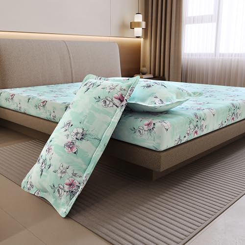 Image of Divine Casa 144 TC Cotton Double Bedsheet with 2 Pillow Covers | Soft Breathable Bedsheet for Double Bed | Modern Printed Bed Sheet Set for Bedroom & Guest Room (Mint Green, Floral)