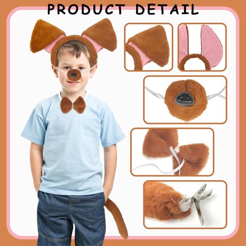 TUONYIS 4 Stücke Hundeohren Kopfbedeckung und Schwanz Nase Fliege Set, Tier Hündchen Kostüm Kinder Set, Hund Ohren Stirnband, für Karneval Welttag des Buches Halloween Cosplay, Tier-Mottoparty (Braun)