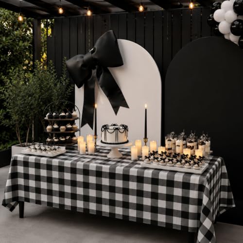 Image of Blue Orchards Black Gingham Table Cover (Pack of 3 with 20 Glue dots) - 54 inchx108 inch XL - Black and White Buffalo Checkered Picnic Plastic Tablecloth, Camping Decoration, Outdoor Birthday Party Supplies
