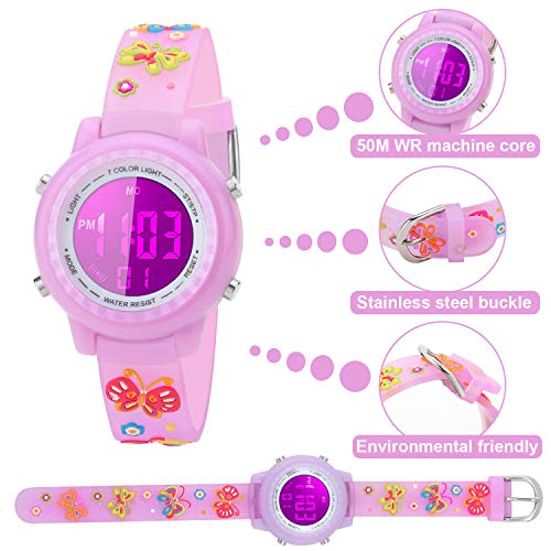 Kids Watch for Boys Girls 3D Cute Butterfly Cartoon Toddler Watch Digital Silicone Band Alarm Stopwatch Digital Child Wristwatch 50M Waterproof Purple3