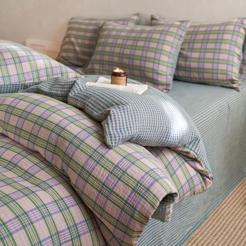 Image of EAVD Vintage Pastel Pink Buffalo Plaid Duvet Cover Twin Soft 100% Cotton Muslin Retro Green&Purple Grid Checkered Plaid Bedding Set with 2 Pillowcases Aesthetic Gingham Duvet Cover with Zipper Closure