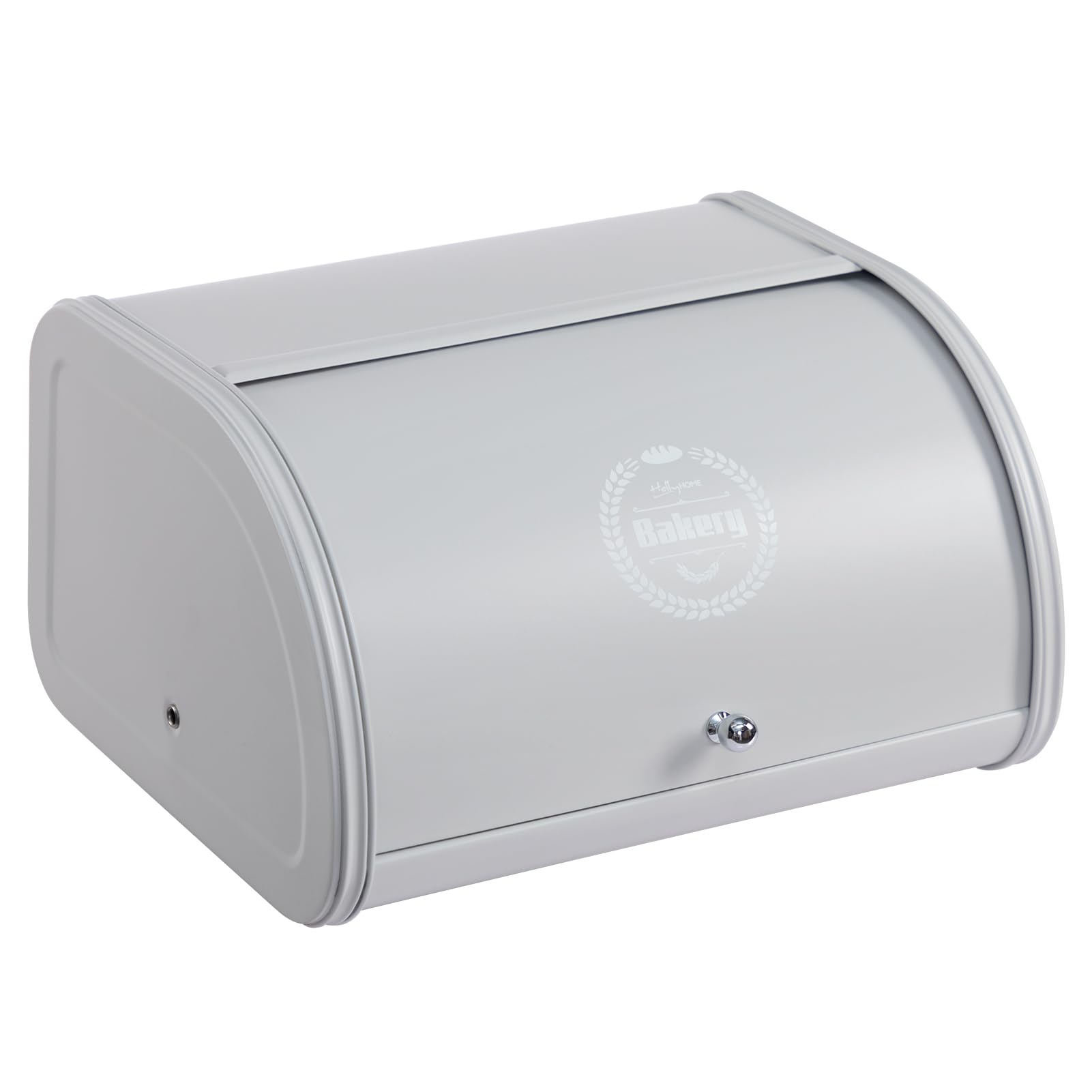HollyHOME Bread Bin with Stainless Steel Body Metal Bread Bins for Kitchen Bread Storage Containers with Roll Up Easy Storage Bread Box Holder Lid,Light Grey