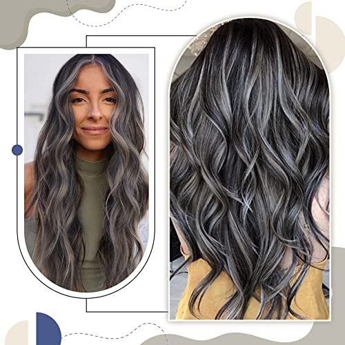 LaaVoo Tape in Hair Extensions Human Hair Black Tape Hair Extensions Real Human Hair 24 Inch Invisible Tapes Remy Straight Balayage Natural Black & Silver Hair Double Sided Tabs 20pcs 50g #1b/s/1b - Image 3
