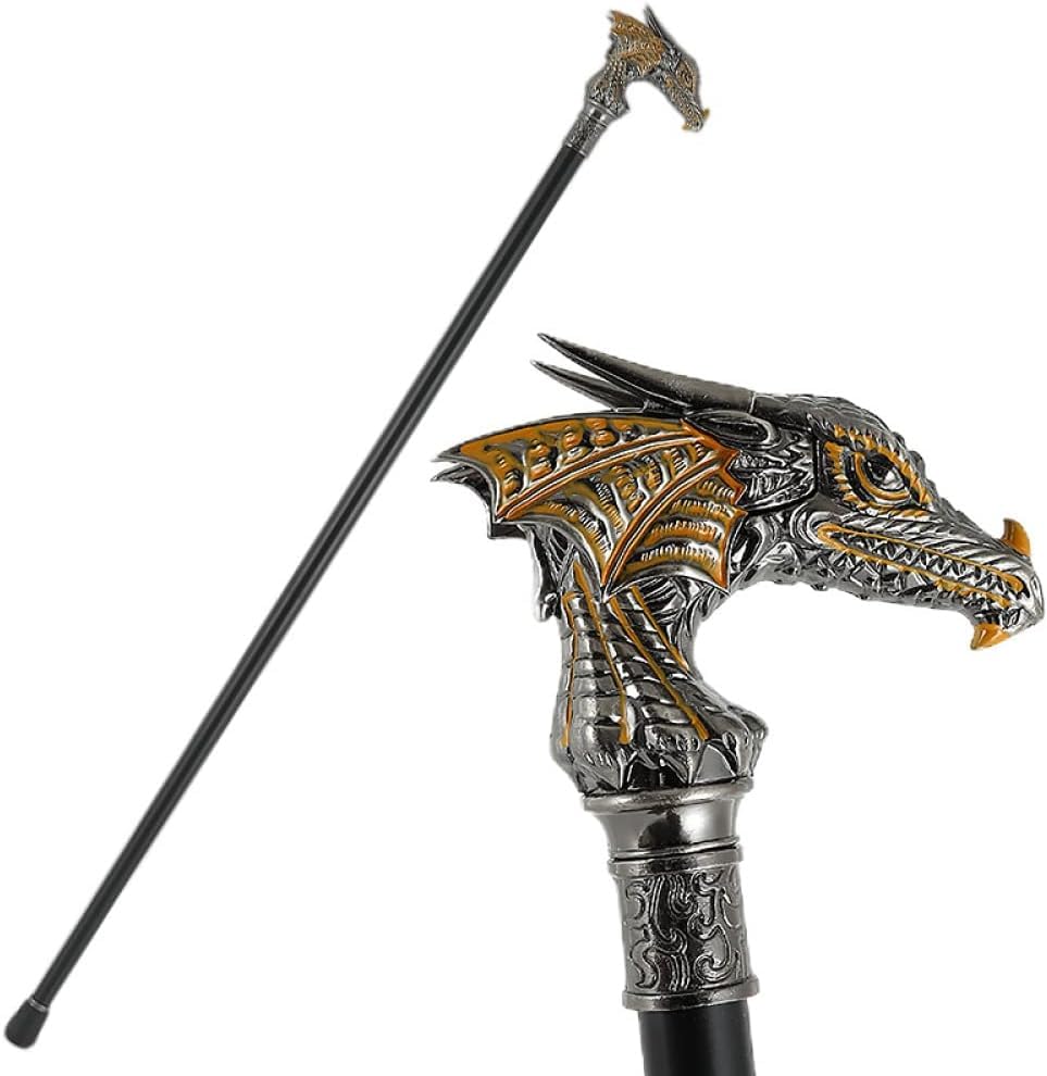 Canne de marche dragon tête or et noir réglable en hauteur