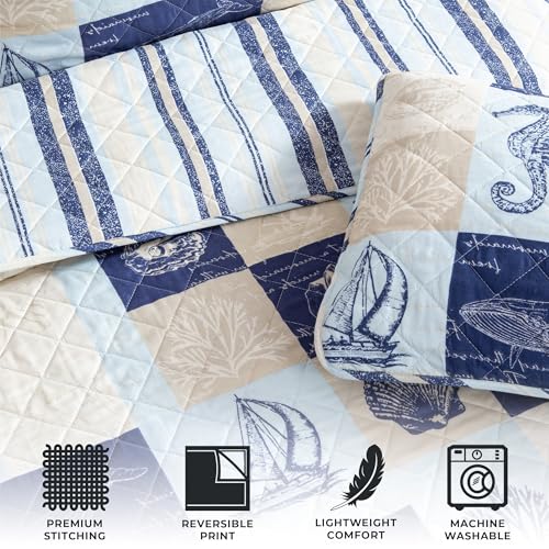 Great Bay Home Full/Queen Coastal Quilt Bedding Set, Summer Coastal Quilt with Shams, Beach 3-Piece Reversible All Season Bedspread Quilt Set. Lightweight Nautical Quilted Coverlet. Navy/Taupe - Image 4
