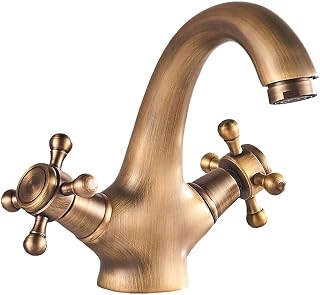 Grifo mezclador de lavabo de latón vintage con doble mango giratorio para agua fría caliente, grifo de lavabo de baño en acabado cromado dorado bronce negro (bronce)