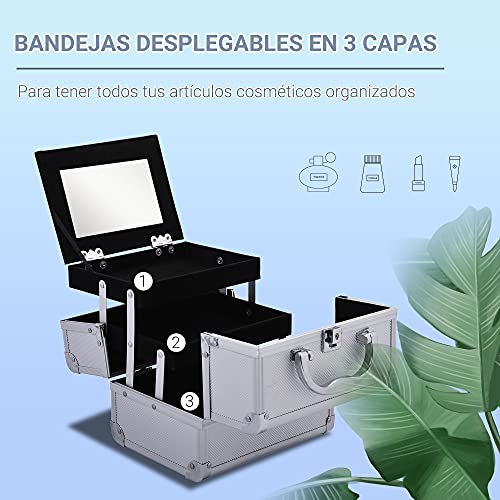 HOMCOM Maletín Maquillaje Profesional Estuche de Cosmético Portátil con Bandejas de 3 Niveles y Espejo 2 Llaves para Joyero Manicura Viaje 20x15x15 cm Plateado - imagen 3