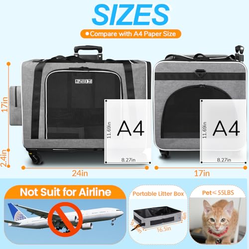 Petskd Extra Large Cat Carrier with Wheels and Litter Box 24"x17"x17" for Large Cat or 2 Small Cats, Collapsible Soft Sided Pet Carrier for Car Travel with Lockable Safety Zippers(Grey) - Thumbnail 2