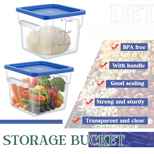 Image of Ziliny 3 Sets 6 Qt Square Food Storage Containers with Lids Dough Proofing Bucket Commercial Polycarbonate Containers with Scale Clear Airtight Cereal for Pantry Home Restaurant (Blue)
