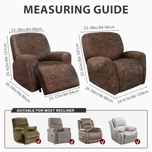 Image of ANARACHON Leather Look Recliner Chair Covers Stay in Place 4-Piece Recliner Slipcovers for Reclining Chair Furniture Protector Spandex Fabric Washable (X-Large, Dark Brown)