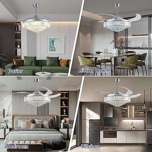DuMaiWay 52" Dimmable Chandelier Ceiling Fan with Lights, Fandelier, Retractable Crystal Ceiling Fan Chandelier with Remote Control LED Light for Bedroom Living Room Polished Chrome 6 Speed by DuMaiWay - Used condition - Image 6
