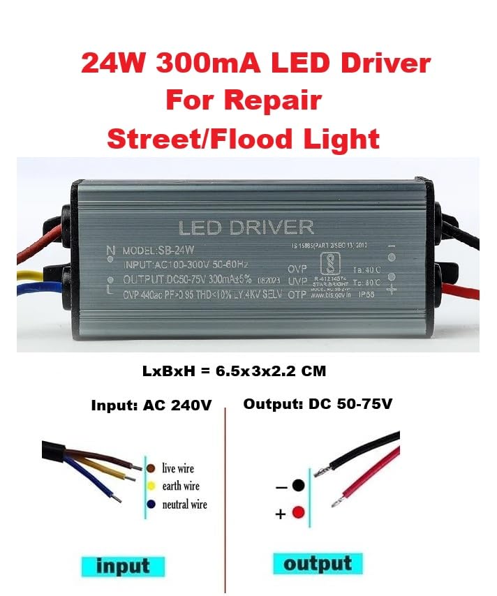 Image of 1 Quantity, MADE IN INDIA 24W, 300mA, LED Street Light Driver, Input AC 230-300V Output DC 50-75V, OVP 440ac, PF>0.95, Use For Repair Street /Flood Light (Pack of 1)