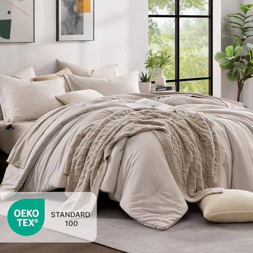 Monbix Queen Comforter Set - 7 Pieces Cationic Dyeing Oatmeal Beige Bed in a Bag Queen Bedding Sets with Comforter, Sheets, Pillowcases & Shams, Reversible Bedding Comforters Sets