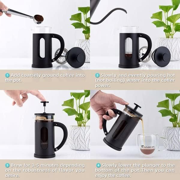 French Press Coffee Tea Maker large 1000ml/34oz with 4 Level Filtration System Borosilicate Glass Durable Stainless Steel Thickened Heat Resistant Black