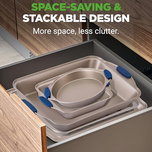 Image of NutriChef Kitchen Oven Baking Pans - Deluxe Nonstick Gold Coating Inside & Outside Carbon Steel Bakeware Set With Blue Silicone Handles, Durable & Reliable Cookie Sheet Oven Pan Style