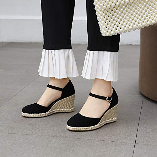 VOKLIN Women's Espadrilles Wedge Dress Pumps Round Toe Suede Ankle Strap Casual Platform High Heel Pump Shoes3