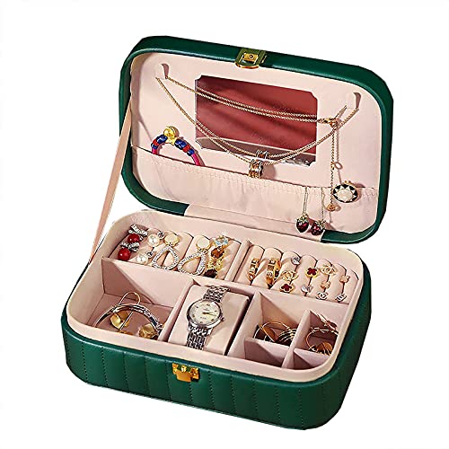 Boîte à bijoux coffret cadeau en cuir vert diamant avec miroir pour femme et jeune fille