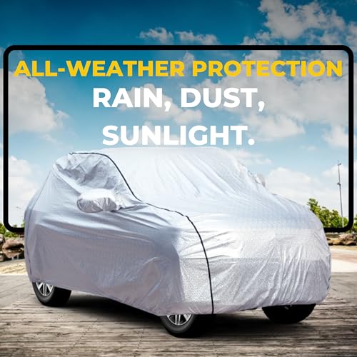 Image of AYSHU Waterproof Car Cover Compatible with TATA Curvv | Mirror & Antenna Pocket | Anti-Scratch Soft Cotton Inner Layer | Triple Stitched | Heat Resistant Metallic Silver | All-Weather Protection