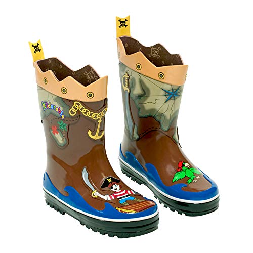 Pirate Brown Rubber Rain Boots With Fun Crossbones Pull On Heel Tab