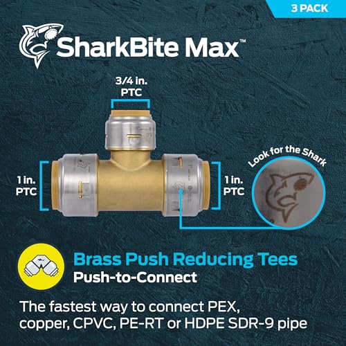Image of SharkBite Max 1 Inch x 1 Inch x 3 /4 Inch Reducing Tee, Pack of 3, Push To Connect, PEX Pipe, Copper, CPVC, PE-RT, HDPE, UR416