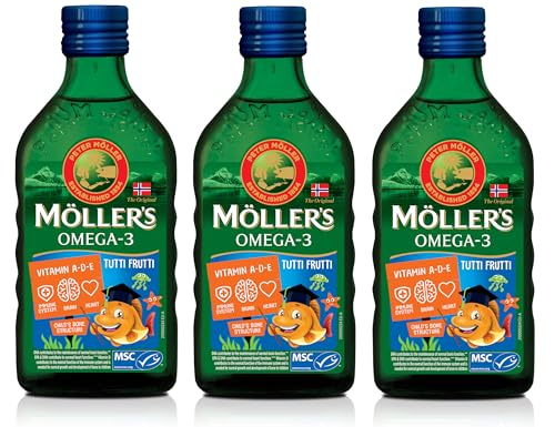 Möller\'s Omega 3 Lebertran | Nordic omega 3 kinder Nahrungsergänzung mit EPA, DHA, Vitamin A, D und E | Hochreiner natürlicher Lebertran | 165 Jahre alte Marke | Tutti Frutti | 250 ml x 3 Möller\'s Omega 3 Lebertran | Nordic omega 3 kinder Nahrungsergänzung mit EPA, DHA, Vitamin A, D und E | Hochreiner natürlicher Lebertran | 165 Jahre alte Marke | Tutti Frutti | 250 ml x 3
