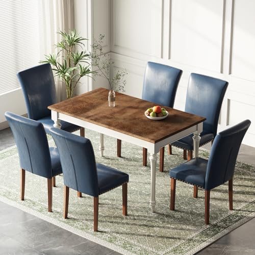 Image of Farmhouse Dining Chairs Set of 6, High Back with Wooden Legs and Nailhead Trim, Modern Fabric Dining Room Chair for Kitchen /Restaurant