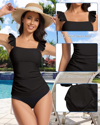 WOWENY Tankini Swimsuits for Women Ruched Tummy Control Bathing Suit Swimwear UPF 50+ Ruffle Padded Tops Only No Bottom4