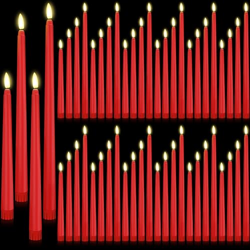 Image of Rossesay 48 Pcs Flameless LED Taper Candles Battery Operated Candles 4 Sizes of 8.5'', 9.65'', 10.83'', 12.8'' Flameless Candlesticks Flickering for Halloween Christmas Church Wedding (Red)