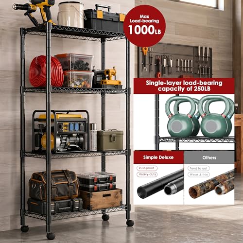 Image of Simple Deluxe 4-Tier Heavy Duty Adjustable Storage Shelf with Wheels, 23.23 inchW x 17.63 inchD x 47.24 inchH, Wide Mobile Metal Shelving Unit, Easy Assembly for Living Room, Office,Black