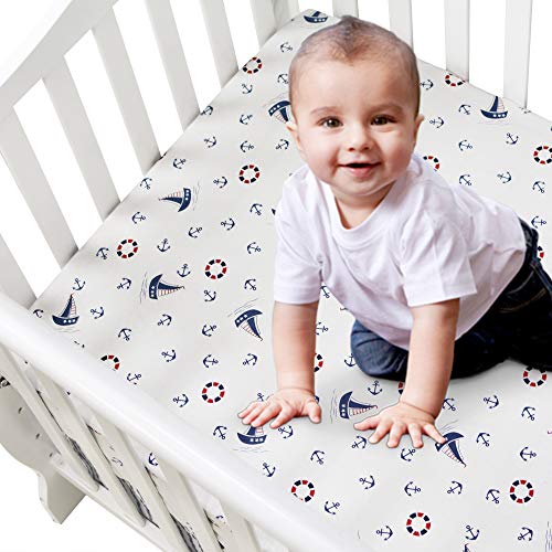 Image of Brandream Nautical Crib Sheets Boy Navy Blue Fiited Crib Sheet Baby Toddler Sheets Cotton Coastal Theme 100% Cotton Anchor Printed