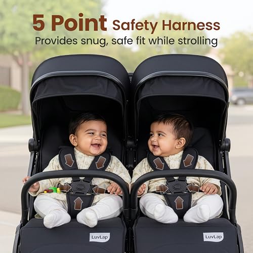 Image of LuvLap Grand Twin Baby Stroller, Pram for 0 to 3 Years twins with 5 Point Safety Harness, Large Storage Basket, Heavy duty Wheels, Easy Fold, Extendable Canopy, Multilevel Recline & Adjustable footrest