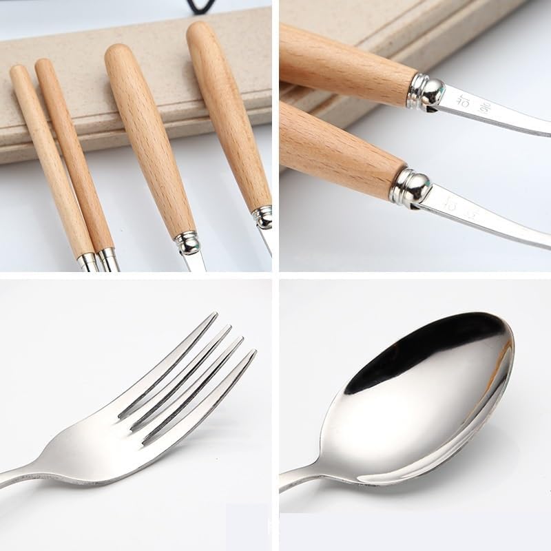 Silverware Flatware Cutlery Set, 1/4/6/8 Set Beech Wood Handle Tableware Student Outdoor Portable Stainless Steel Fork Spoon Chopsticks Set