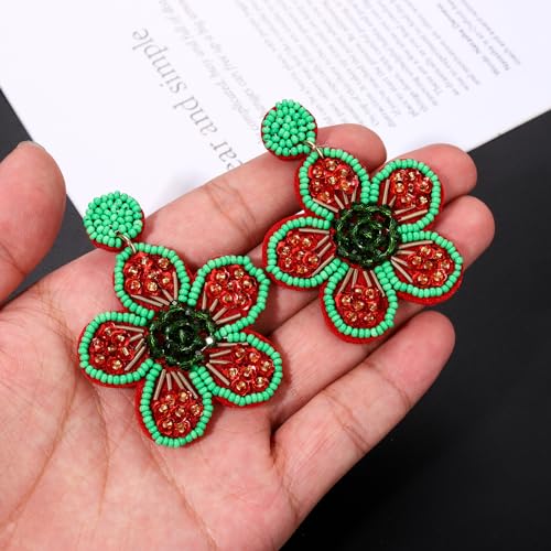 Beaded Drop Earrings Statement Colorful Beaded Flower Earrings Handmade Bohemia Tropical Beadwork Dangle Earrings For Woman