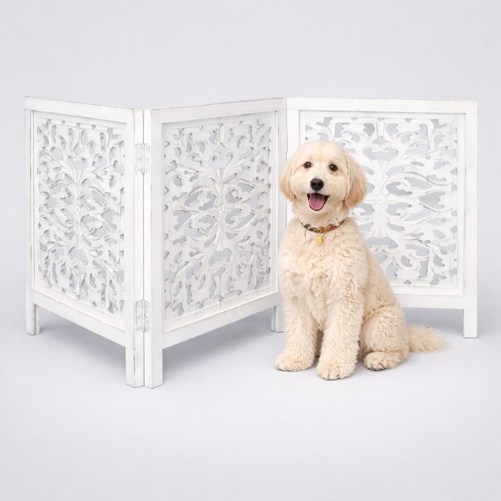 Foldable Wooden Dog Gate for Doorways, 3-Panel Freestanding Indoor Pet Gate, Extra Wide Decorative Dog Barrier Fence for Home, Portable No Installation Pet Gate for Dogs & Puppies – White Wash