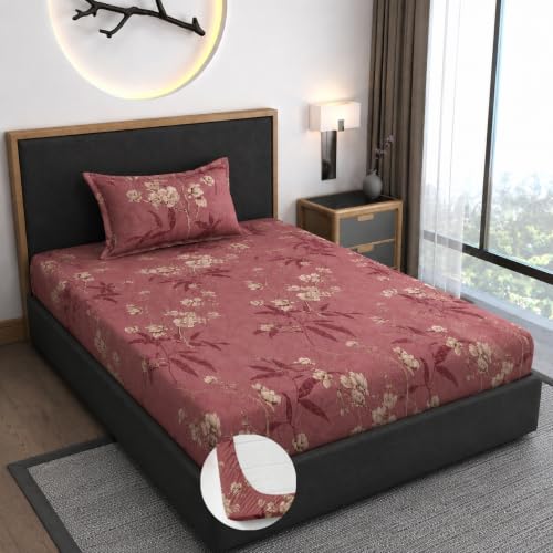 Image of Premium Heavy Cotton Elastic Fitted Bedsheets with 1 King Size Pillow Covers || Single Bed with All Around Elastic 350 TC || 36 x 78 x 6 Inch Single Size Fitted || :- Maroon Flower