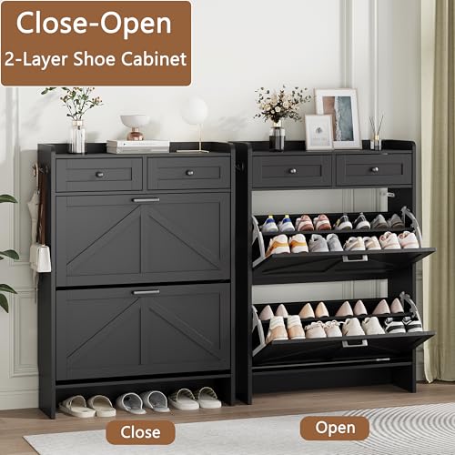 Image of Shoe Cabinet with 2 Flip Drawers & 2 Top Drawers, 43 inch Tall Freestanding Narrow Wooden Shoe Storage Organizer for Entryway, Hidden Slim Shoe Rack for Front Door Entrance, Hallway, Living Room, Black