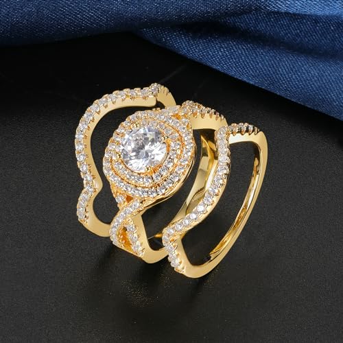 MDFUN Three-in-One Halo Engagement Rings Set for Women 14K Yellow Gold Plated Artificial Diamond Cubic Zirconia Wedding Promise Stackable Eternity Band Size 5-104