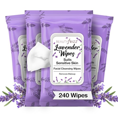 Image of BeautyFrizz Lavender Face Wipes - Gentle No Rinse Makeup Remover and Facial Cleansing Wipes - Contains Aloe, Castor, Vitamin A and E - Suits Sensitive Skin - Moisturizing - Extra Soft (240 pcs)