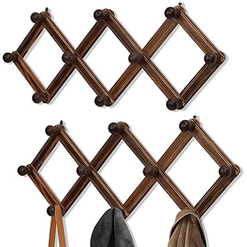 TRSPCWR 2 Pack Accordion Wall Hanger, Expandable Coat Rack Wall Mounted, Solid Wooden Wall Hat Rack, Wood Hat Hanger for Hanging Coat, Hats, Caps, Mugs, 10 Peg, Brown Cover