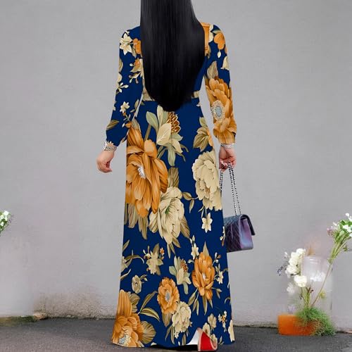 Image of Women Plus Size Long Sleeve V Neck Maxi Dress with Belt | Soft fabric relaxed fit three quarter sleeve v neck with pockets for party and daily wear