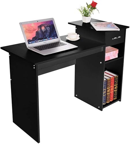 Lroplie Escritorio de computadora moderno y compacto para estudio, estación de trabajo con cajón y estante de impresora para espacios pequeños,
