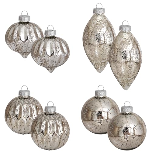 Deloky DL-HANGING-XMAS-BALL-FINIALS 8 Pcs Mercury Glass Christmas Hanging Ornaments- Christmas Balls Finials Glass Ornaments For Tree- Vintage Silver Christmas Ball Drop Tree Ornaments cover