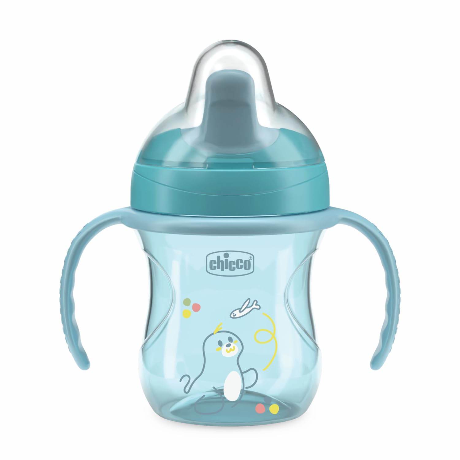 Chicco Training Cup, in Plastica Un Bicchiere Antigoccia Bambini, Una Tazza per Imparare a Bere, Beccuccio Ergonomico Semi-Soft, Valvola e Manici Rimovibili, 6 Mesi+, Senza BPA, Azzurro