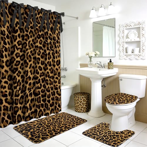 AnyDesign 28 Pcs Leopard Shower Curtain Set with Non-Slip Bath Mat U-Shaped Rug Toilet Lid Cover Cheetah Print Shower Curtain with Hooks and Black Ribbons for Bathroom Accessories & Decor